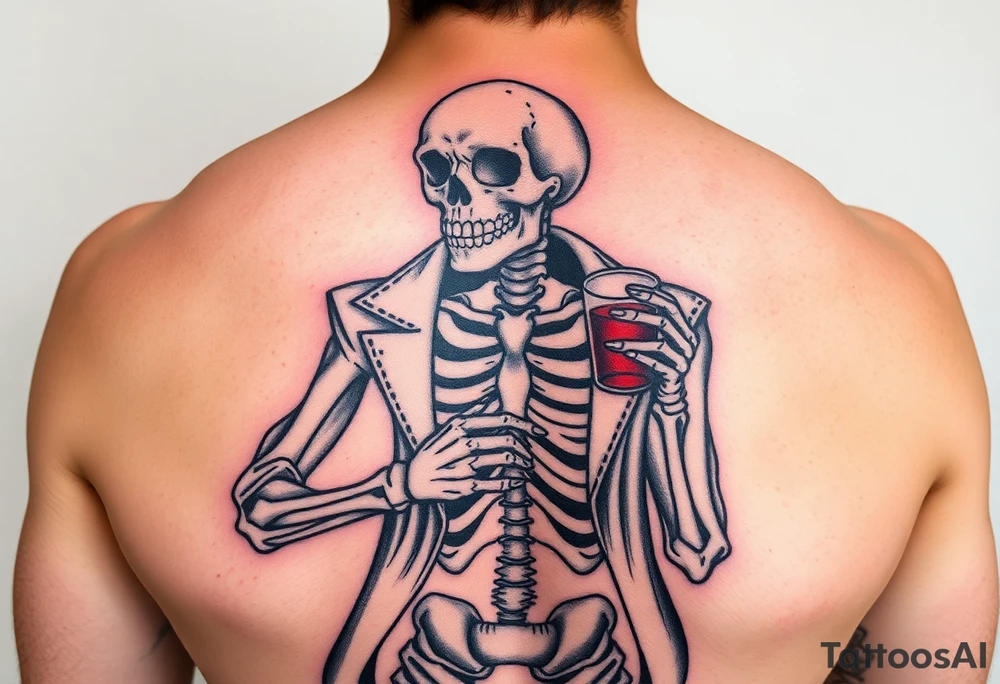 evil skeleton in clothes getting drunk tattoo idea