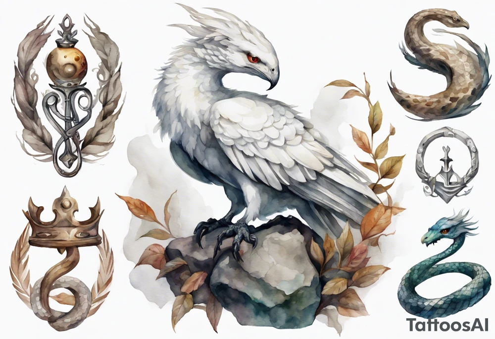 a watercolor of a white bird-serpent hybrid wearing an iron crown, perched upon a stone tattoo idea