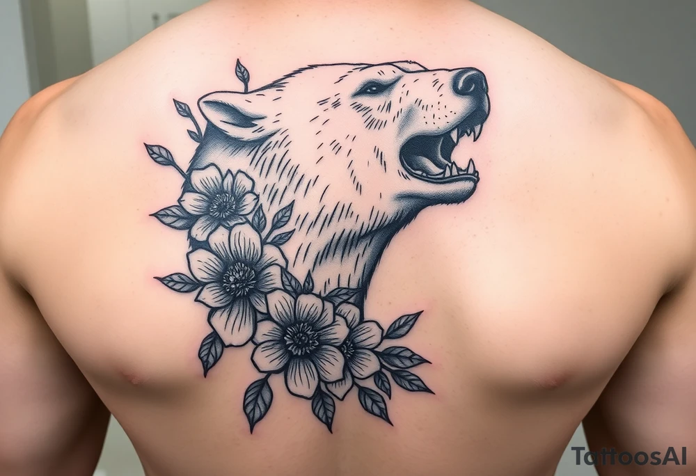 powerful majestic polar bear with flowers from Nunavut and representing pain, anger love and healing tattoo idea