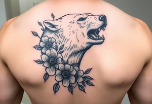 powerful majestic polar bear with flowers from Nunavut and representing pain, anger love and healing tattoo idea