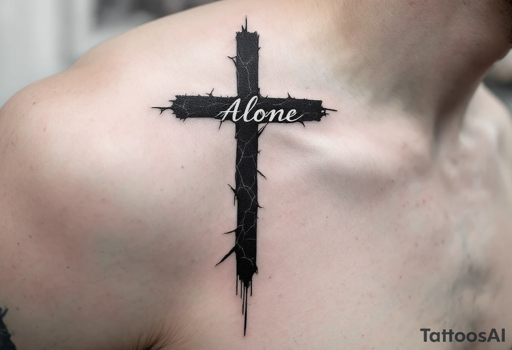 Cross designed in bold black with a cracked effect, paired with the word "Alone" on man face under a man’s right eye. tattoo idea
