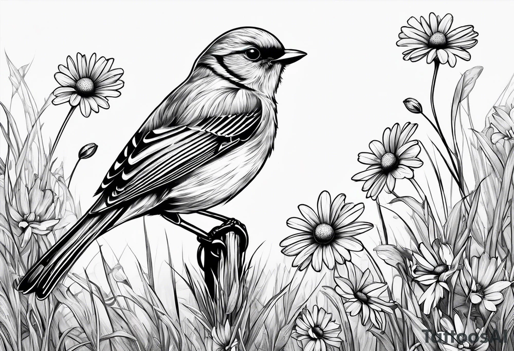 Little bird perched in grass with daisy tattoo idea