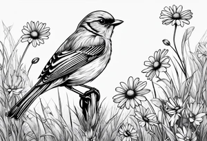 Little bird perched in grass with daisy tattoo idea