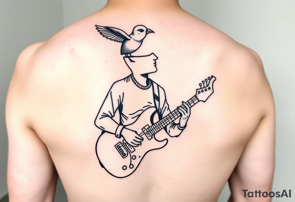 Surrealist tattoo of a Person playing electric guitar with top half of head not showing off and a bird flying out of head tattoo idea