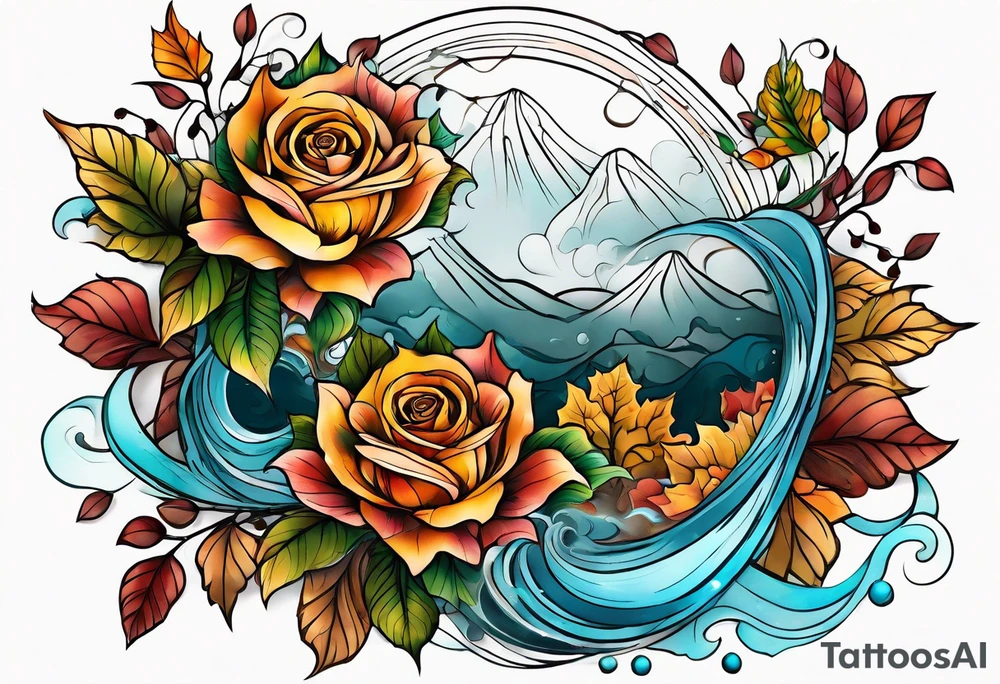 thigh tattoo with fall colors showing leaves, flowers, roses, water flow, and sky tattoo idea