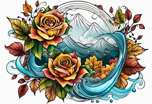 thigh tattoo with fall colors showing leaves, flowers, roses, water flow, and sky tattoo idea
