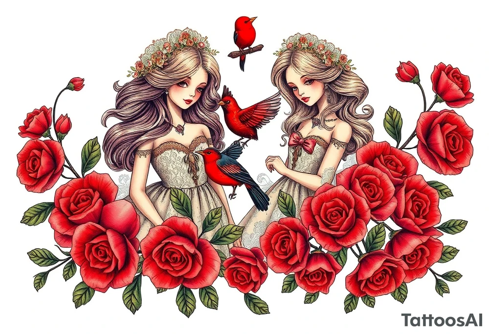 Vintage dollies, red roses, lace, red bird, vintage, wrap around, tighter together, no space open tattoo idea