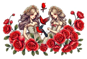 Vintage dollies, red roses, lace, red bird, vintage, wrap around, tighter together, no space open tattoo idea