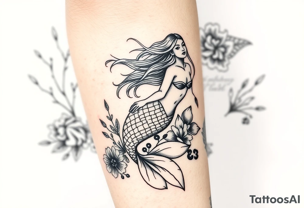 ethereal mermaid with flowing hair among coral and sea flowers tattoo idea
