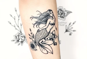 ethereal mermaid with flowing hair among coral and sea flowers tattoo idea