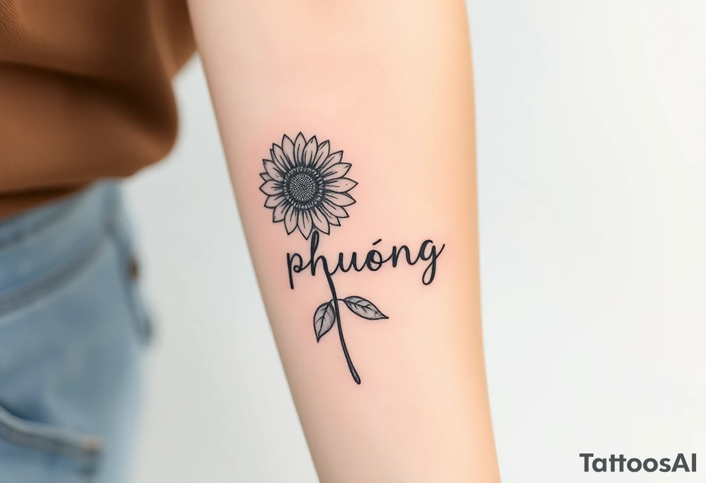 Word "PHUONG" written vertical with the sunflower. tattoo idea