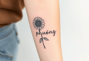 Word "PHUONG" written vertical with the sunflower. tattoo idea