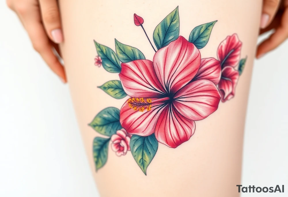 Beautiful Hibiscus flowers with leaves and other flowers tattoo idea