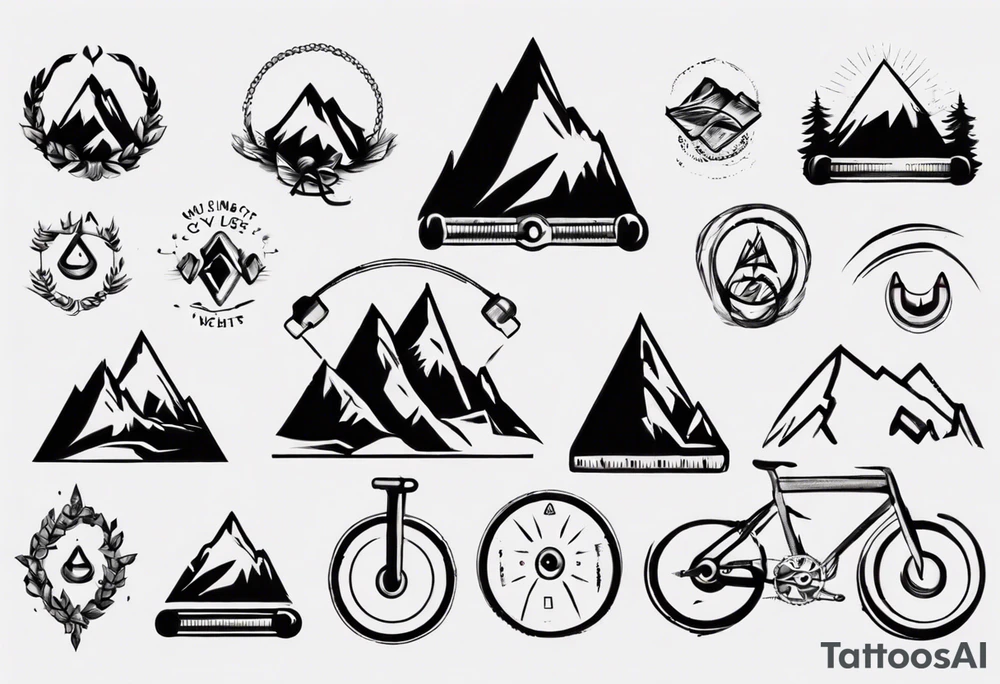 weights, cycle, mountain tattoo idea