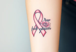 Pretty pink Cancer ribbon that says "fuck cancer"with light pink roses tattoo idea