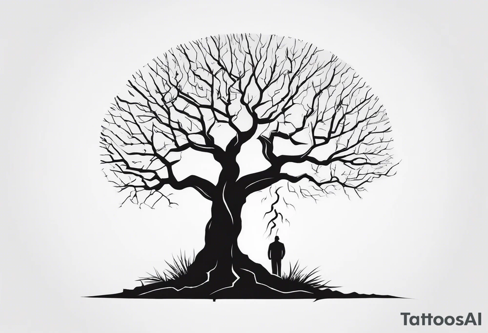 a barron tree struck by lightning, the branches resemble a brain. the ground below the tree is cracked symbolizing the broken connection between creator and creation. victor and frankenstein stand below. tattoo idea