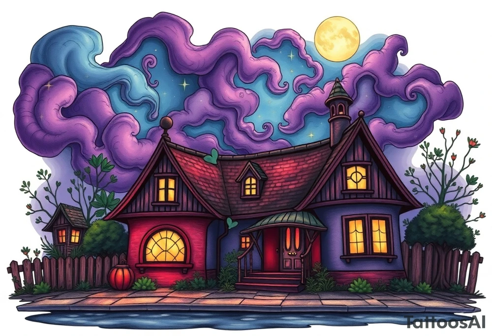 Tim Burton’s sleeping beautys cottage from outside view is the street abandoned and dripping with muted reds, dusty pinks, and eerie green glow purple and cyan smokey clouds swirl and dance in the moonlit night sky filled with twinkling stars  tattoo idea tattoo idea
