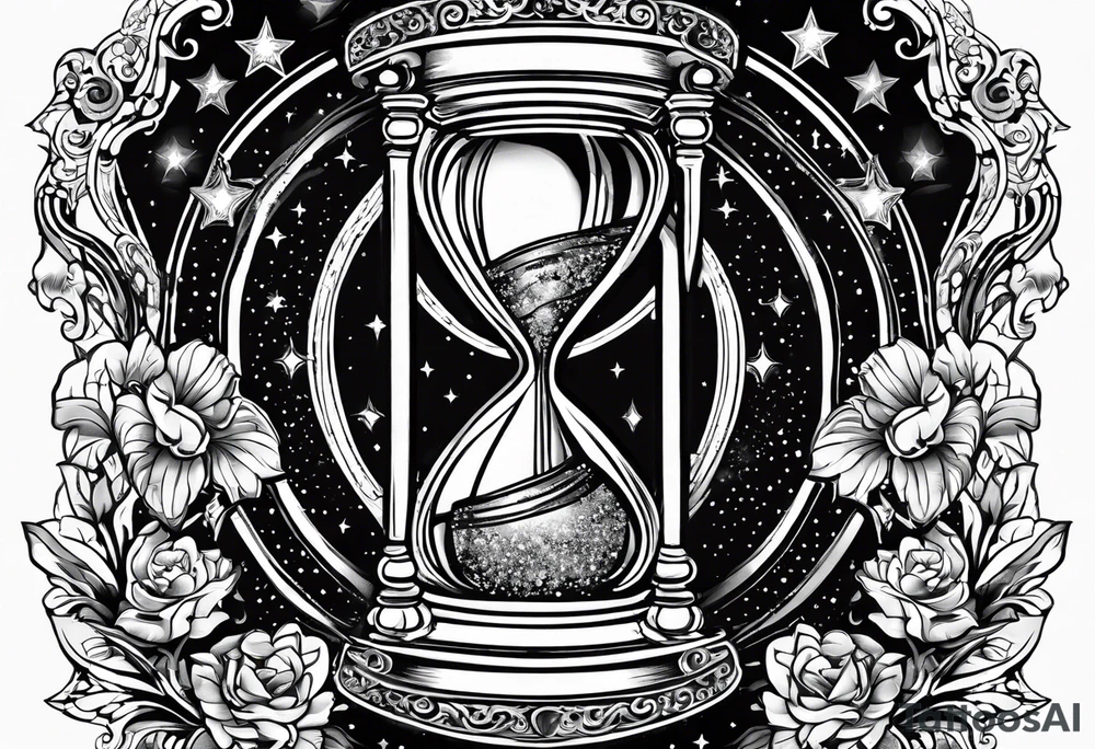 I want a tattoo-inspired design for a t-shirt that features a bold and detailed hourglass with galaxy tattoo idea