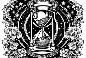 I want a tattoo-inspired design for a t-shirt that features a bold and detailed hourglass with galaxy tattoo idea