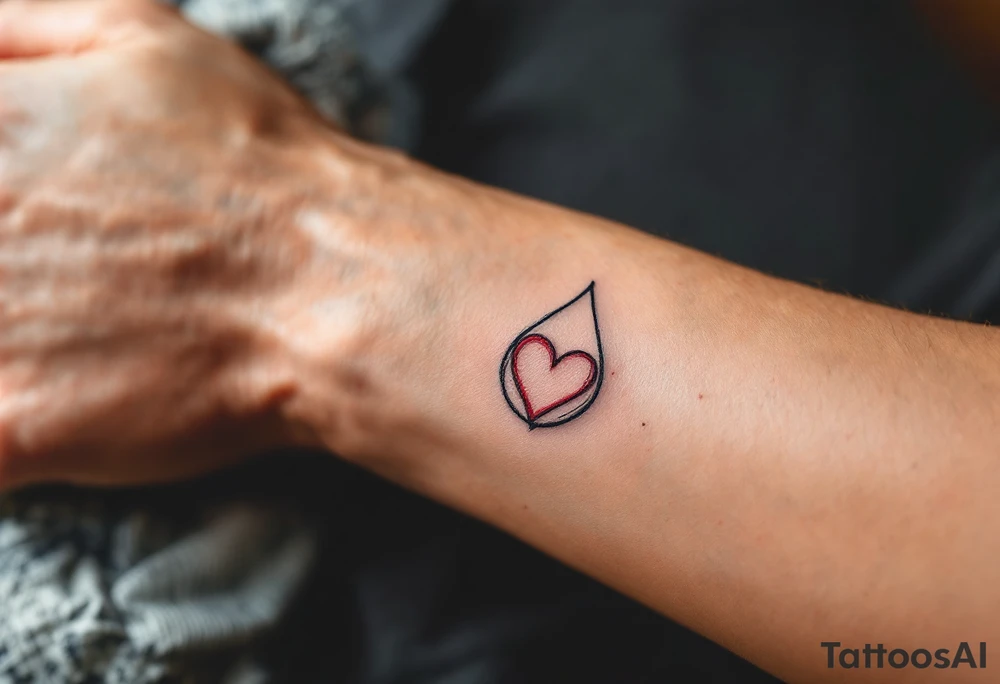 A simple, sketched heart inside a small teardrop, with soft shading and small accent lines of red and pink to give the heart a tender, emotional feel. The teardrop itself can be shaded lightly in gray, creating a subtle yet impactful design of love and sorrow. tattoo idea