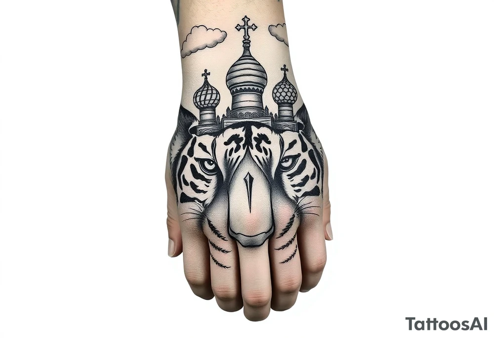 Realistic tiger face on the back of the hand with strong contrast and fine detail with hollow black eyes. with a highly detailed Russian Orthodox cathedral sitting above on fore arm with onion domes and orthodox crosses, done in fine line, engraving-like style. Cohesive composition, black ink only, no color, high contrast, slightly aged, documentary-style, plain light background. with clouds above and a virgin mary tattoo idea