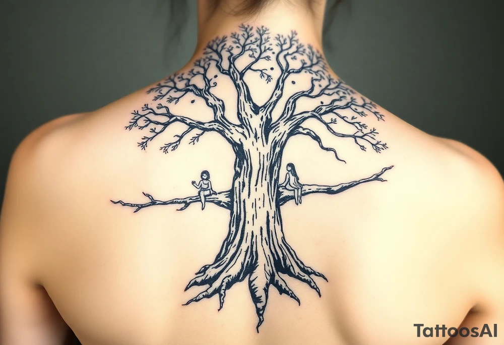 A strong and tall oak tree, with deep roots, with scratches and tears on the trunk. On a long branch, half way up the tree, sits a little girl and Jesus gazing into the distance. tattoo idea