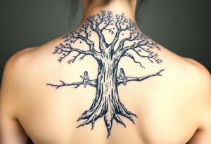 A strong and tall oak tree, with deep roots, with scratches and tears on the trunk. On a long branch, half way up the tree, sits a little girl and Jesus gazing into the distance. tattoo idea