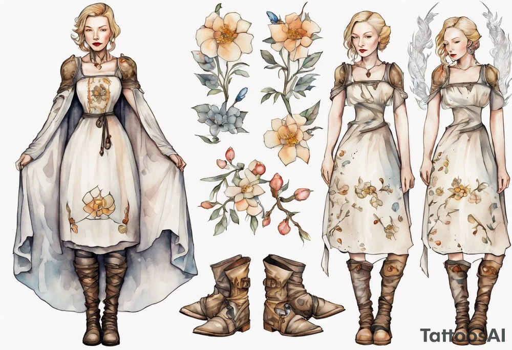 Cate Blanchette wearing white medieval dress and boots tattoo idea