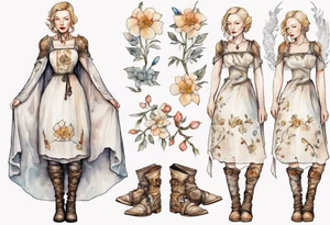Cate Blanchette wearing white medieval dress and boots tattoo idea