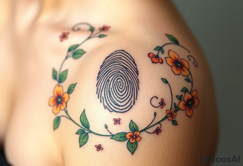 A fingerprint surrounding by vines and blooming flowers, shaded in lush green and warm earth tones. tattoo idea