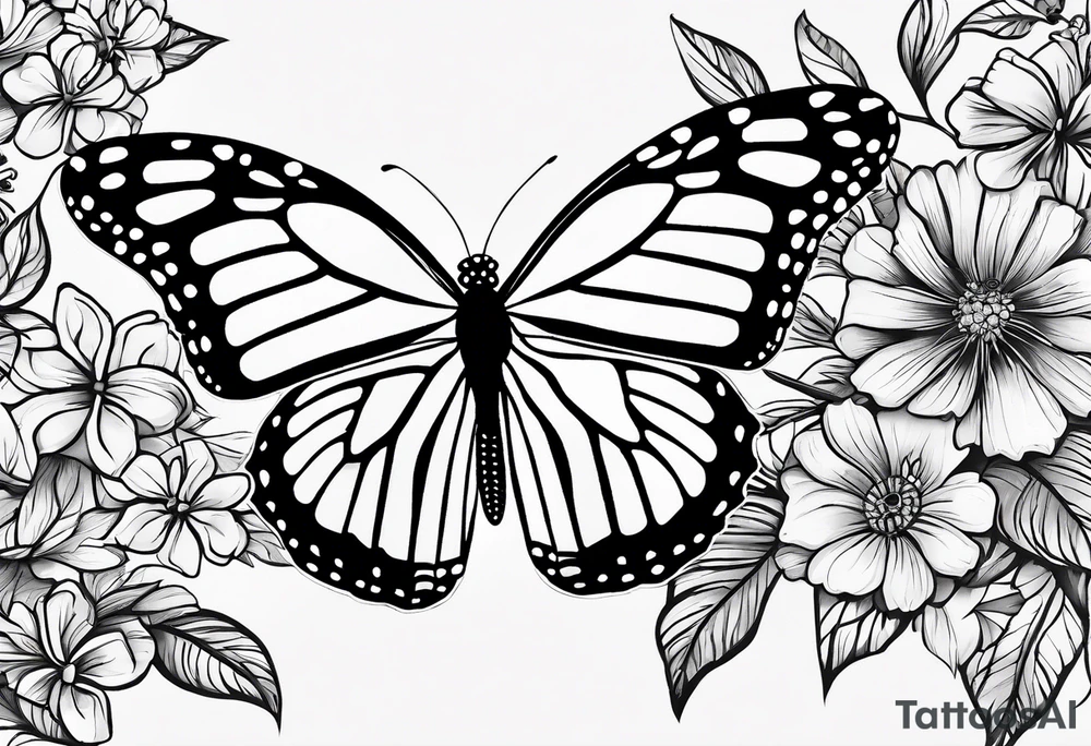 monarch butterfly representing grandparents tying in elements of flowers and leaves tie in Hispanic culture into the design tattoo idea