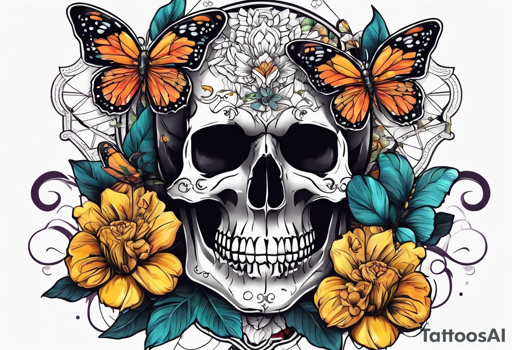 Skull tattoo with a scorpions, butterflies, and flowers tattoo idea