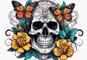 Skull tattoo with a scorpions, butterflies, and flowers tattoo idea