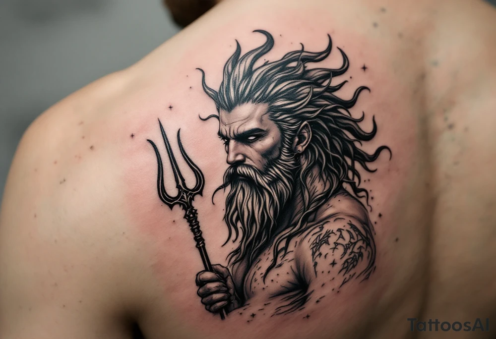 sexy poseidon, with trident, in water tattoo idea