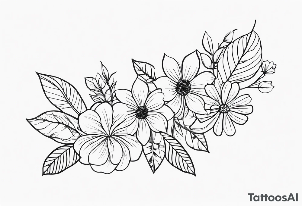 super long line of flowers and leaves for around thigh tattoo idea