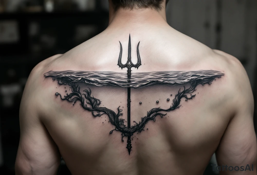 trident half way under calm water with mermaid nipples tattoo idea