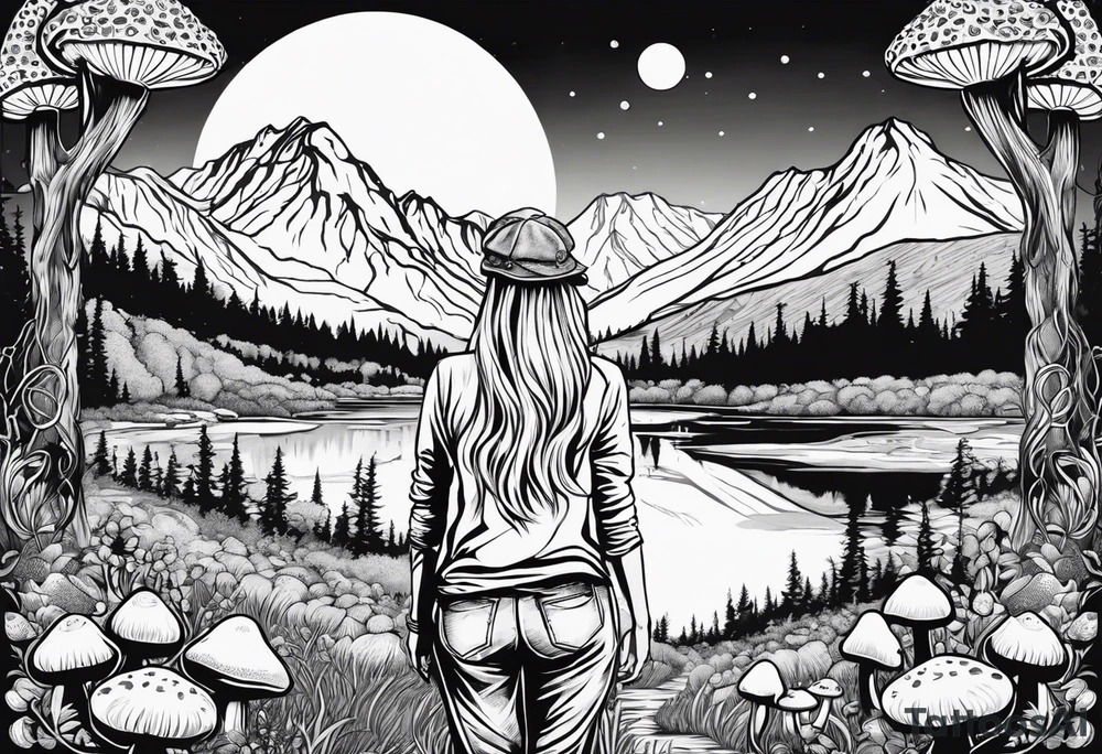 Whole picture encircled fully

Straight long blonde hair hippie girl in distance holding mushrooms in hand facing away toward mountains and creek surrounded by mushrooms long sleeve shirt and hiking pants; whole rendering within a full circle, no cut off circle tattoo idea