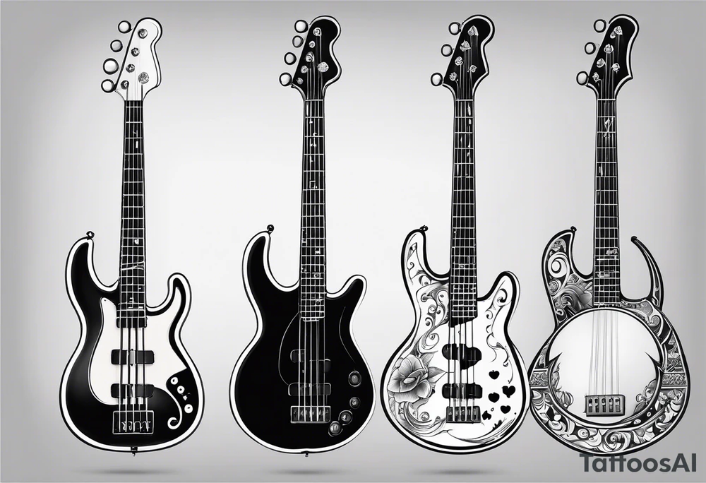 A well balanced tattoo full left arm with the following images: a bass guitar, 2 stars, 1  quarter moon, a caduceus symbol and a mickey mouse tattoo idea