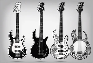 A well balanced tattoo full left arm with the following images: a bass guitar, 2 stars, 1  quarter moon, a caduceus symbol and a mickey mouse tattoo idea