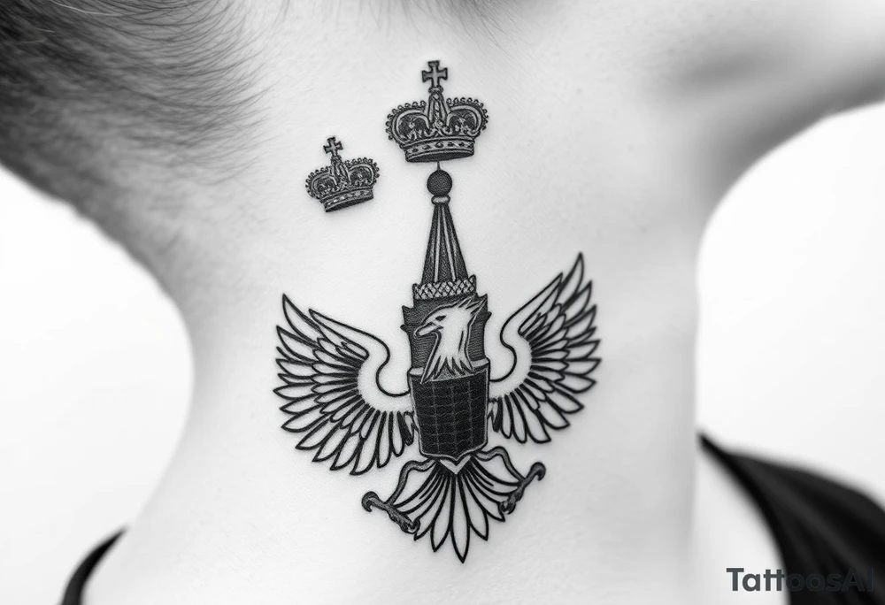 St. George, 3 russian imperial crowns above the Russian coat of arms double eagle and sitting above its wingspan sitting just above Kremlin or St. Basil's Cathedral scene  on the side of my neck tattoo idea