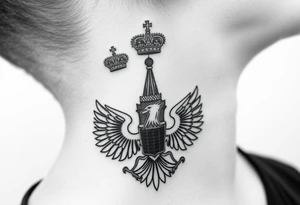St. George, 3 russian imperial crowns above the Russian coat of arms double eagle and sitting above its wingspan sitting just above Kremlin or St. Basil's Cathedral scene  on the side of my neck tattoo idea