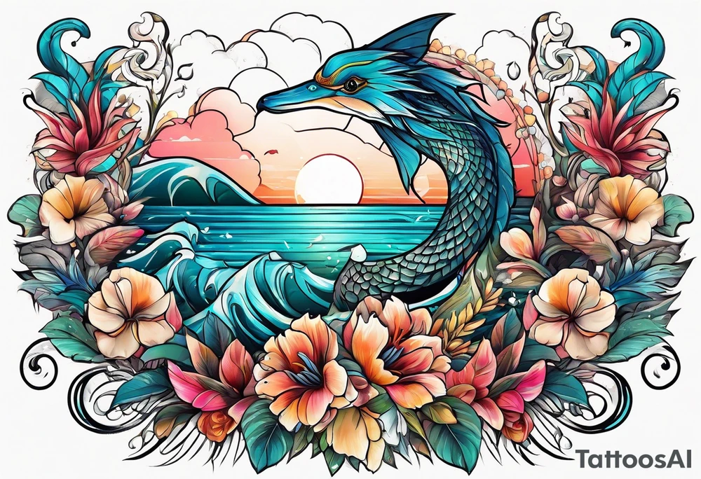 sea, flower, palm, animal tattoo idea