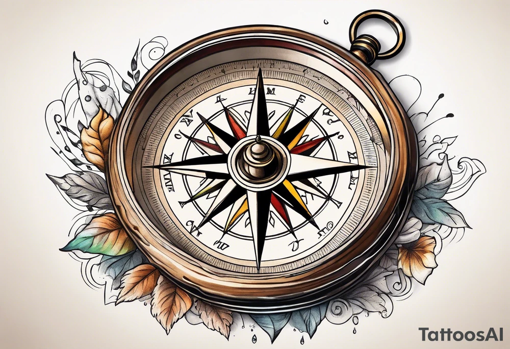vintage compass with river falling over it tattoo idea