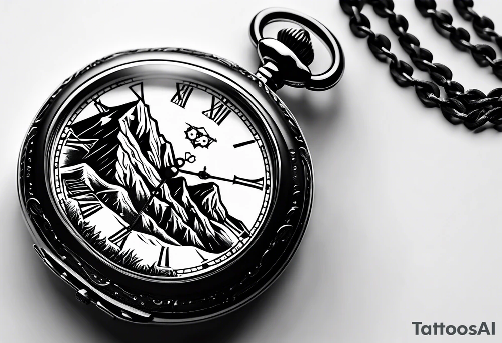 Pocket watch with mountains tattoo idea
