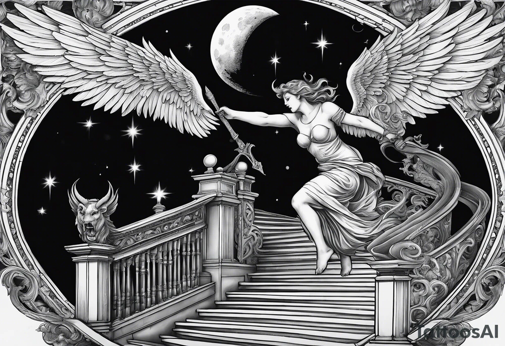 angel fighting a demon w a staircase going up to a moon in the background tattoo idea