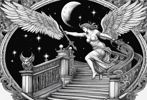 angel fighting a demon w a staircase going up to a moon in the background tattoo idea