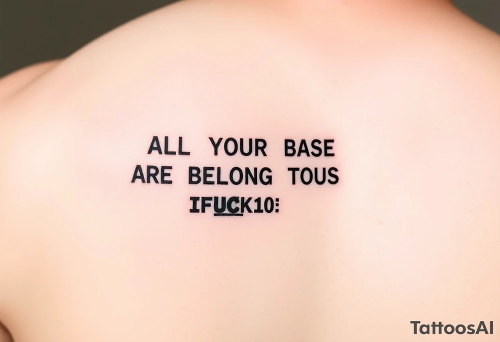 "Tattoo of a corrupted .txt file:  
Visible text: 'ALL YOUR BASE ARE BELONG TO US'  
Corrupted parts: 'IFUCK10' repeated in hex-code.  

Style: Data moshing. Black ink, forearm." tattoo idea