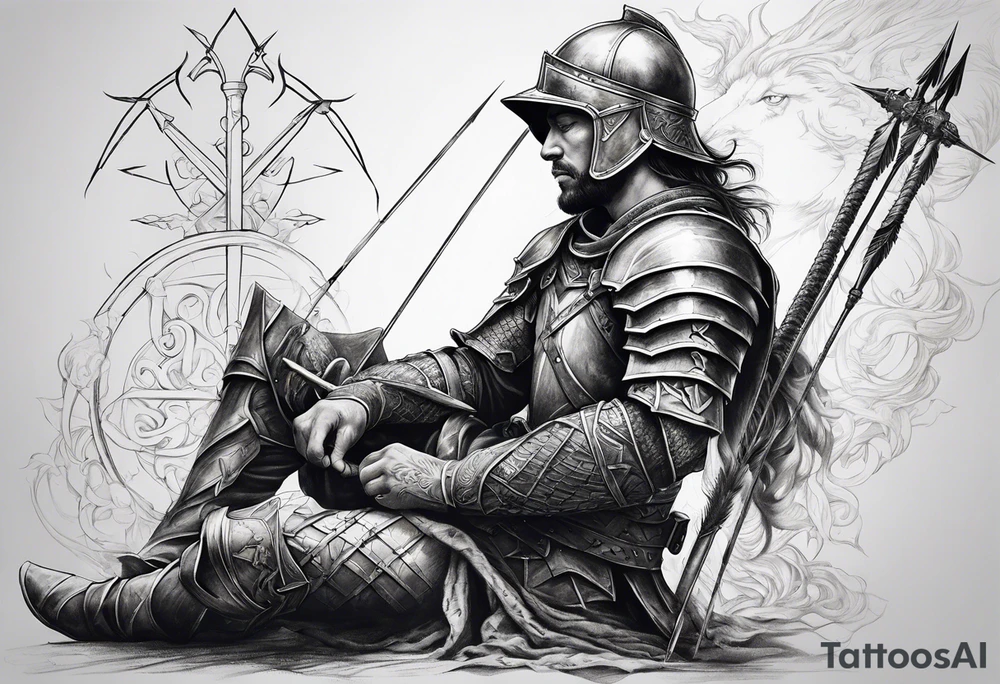 Side profile of a dying knight on his knees with five arrows sticking out of his back tattoo idea