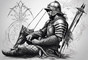 Side profile of a dying knight on his knees with five arrows sticking out of his back tattoo idea