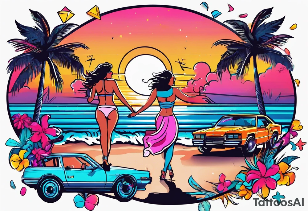 1980's miami vice style beach dance 
party, include confetti, music notes, boom box, bikinis sunset in the center tattoo idea